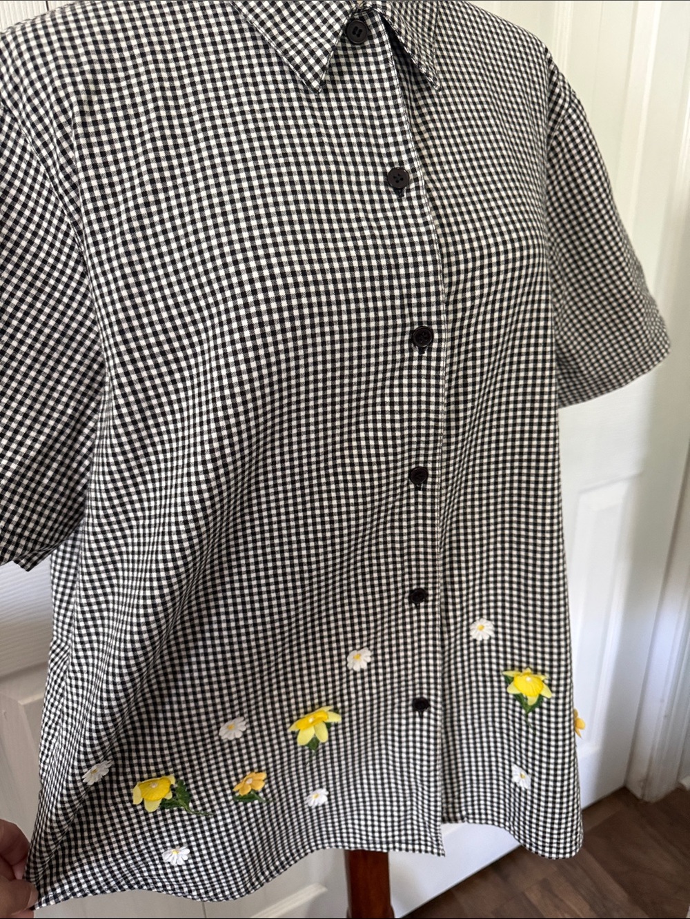 Vintage 90s Lemon Grass Black and White Gingham Shirt with Daisy Detail Sz XL - Picture 2 of 8